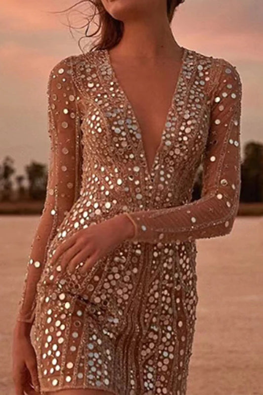 Alluring Deep V Neck Sequin Mini Dress