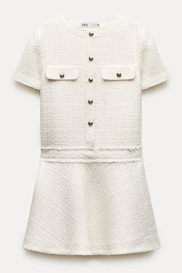 Elevated Rebekah 1960s London Girl Mini Dress in Textured Tweed with Gold Buttons and Short Sleeves and Pockets Boutique Collection