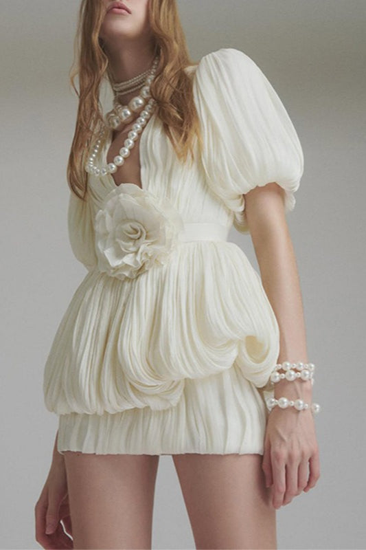 High Waist Ruched 3D Bloom Mini Dress