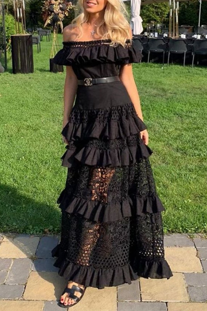 Ruffled Edition Cutout Off Shoulder Flare Lace Maxi Boho Dress