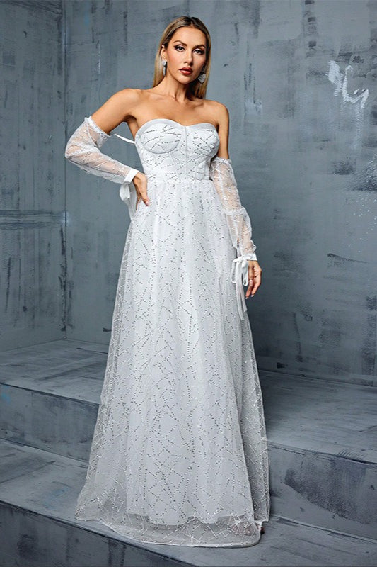 French Off Shoulder Long Sleeved Mesh Prom Dress