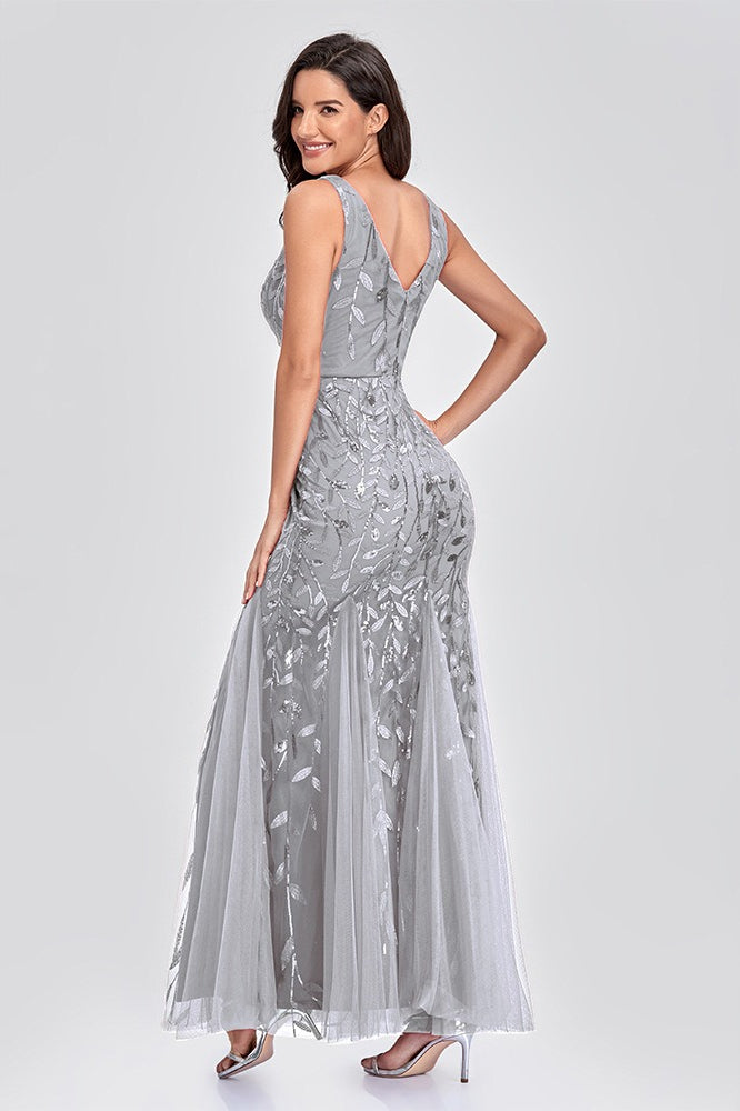V Neck Sheer Embroidered Sequin Chic Prom Dress