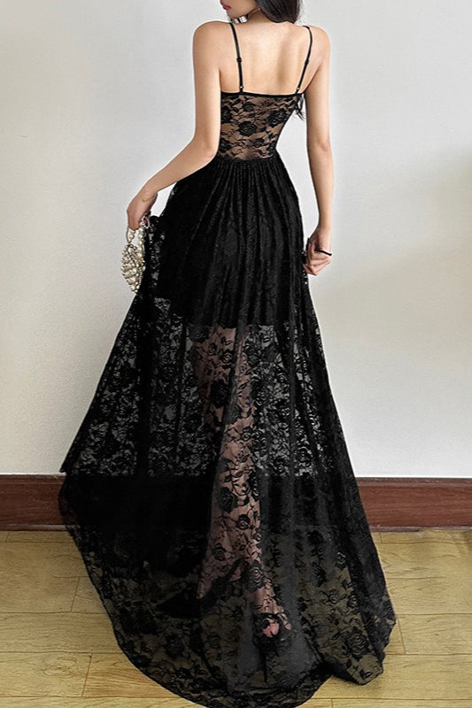 Sleeveless Edition Ruffled Waist Maxi Lace Dress