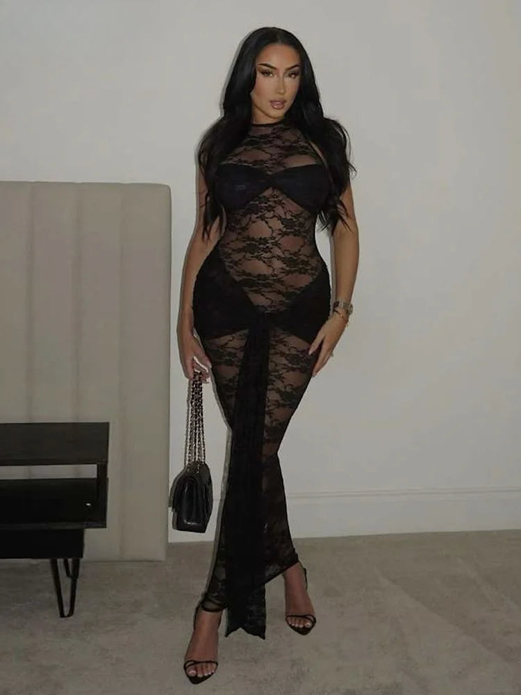 Ribbon Knot Mesh Midi Dress