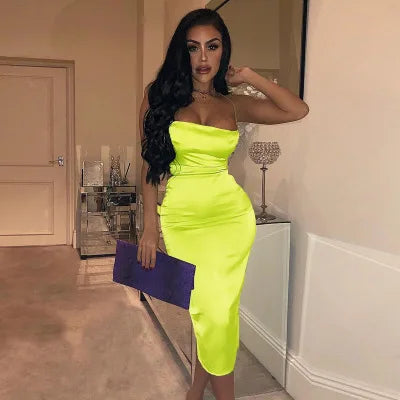 summer long satin backless Graceful hollow out Midi Dresses