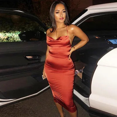 summer long satin backless Graceful hollow out Midi Dresses