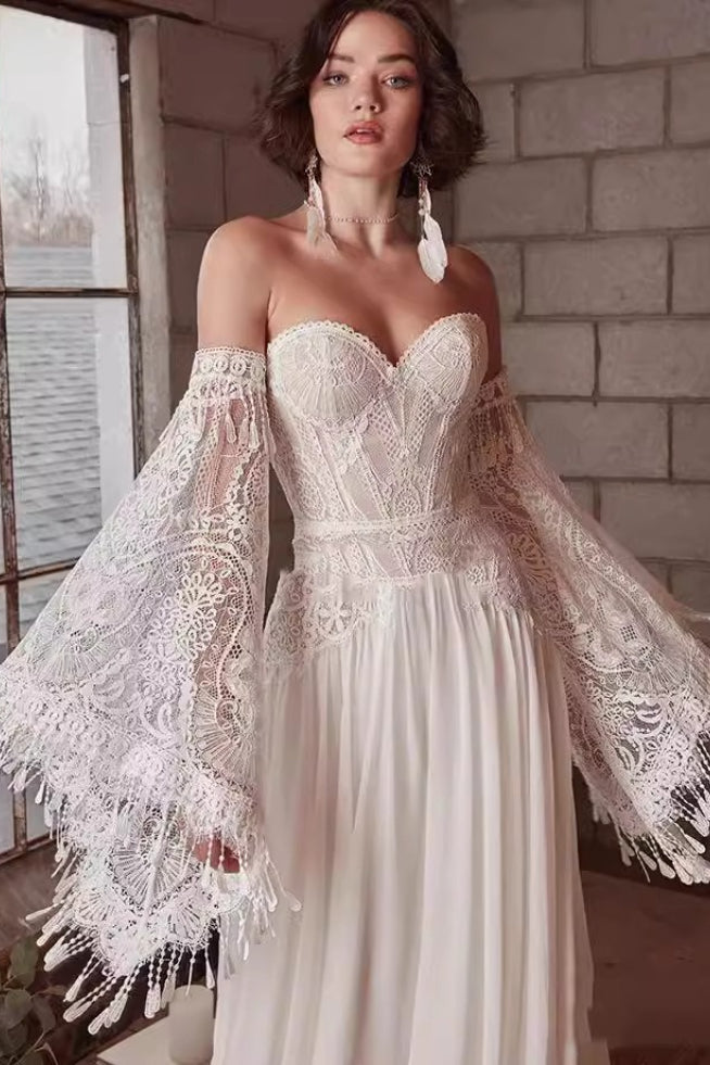 Strapless Lace Extended Sleeve Wedding Dress