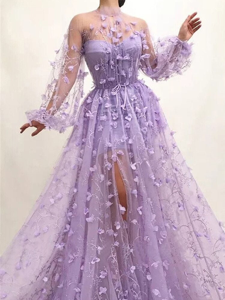 Kissnovaa - Autumn New Long Sleeve Purple Appliques Slim Prom Dress