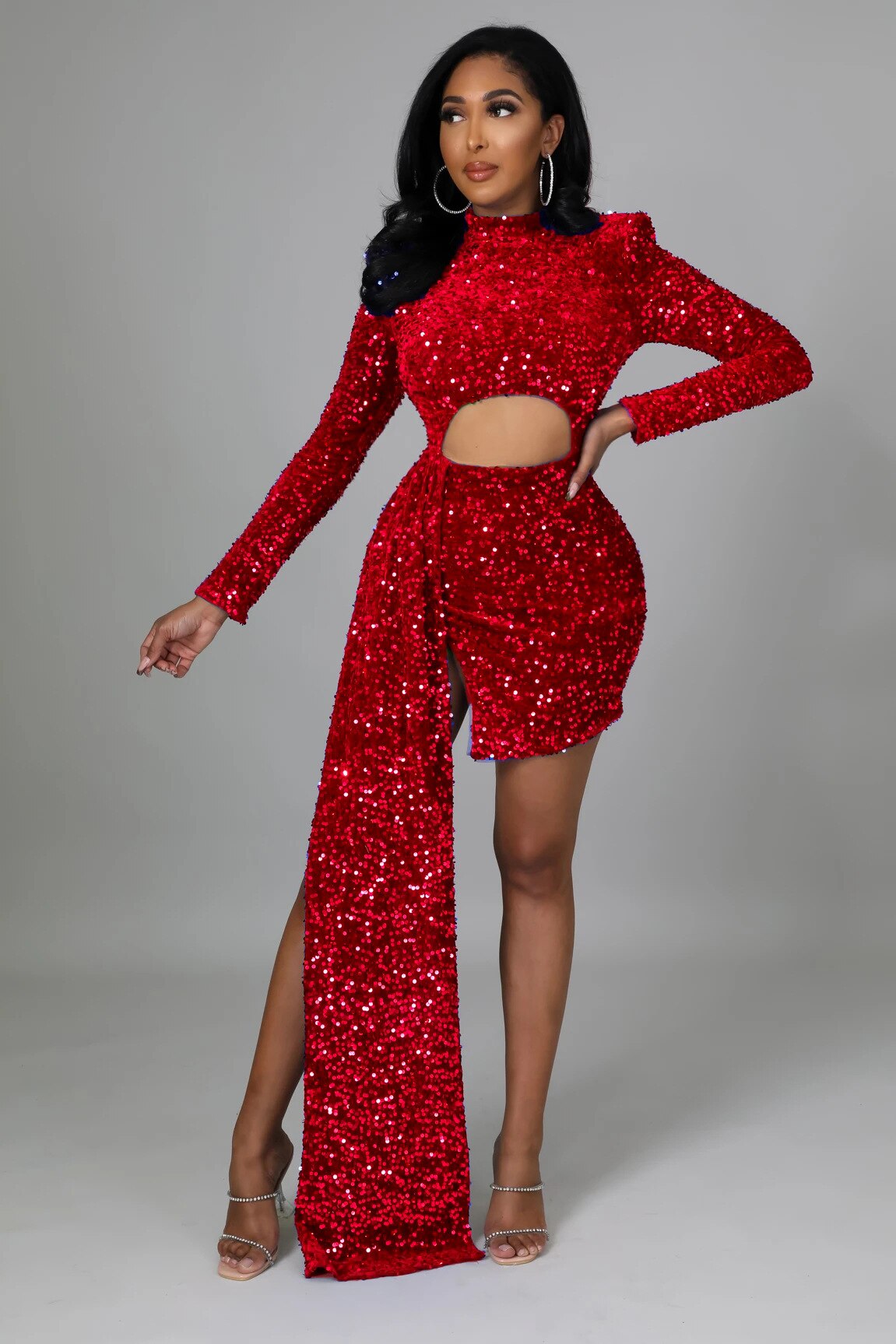 Kissnovaa - Solid Hollow Out Draped O-neck Long Sleeve Party Mini Dress