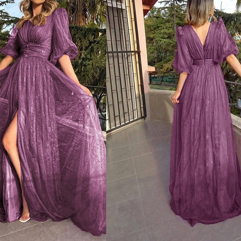 Kissnovaa - New Style Sexy Lace Purple Mesh Half Sleeved Prom Dresses