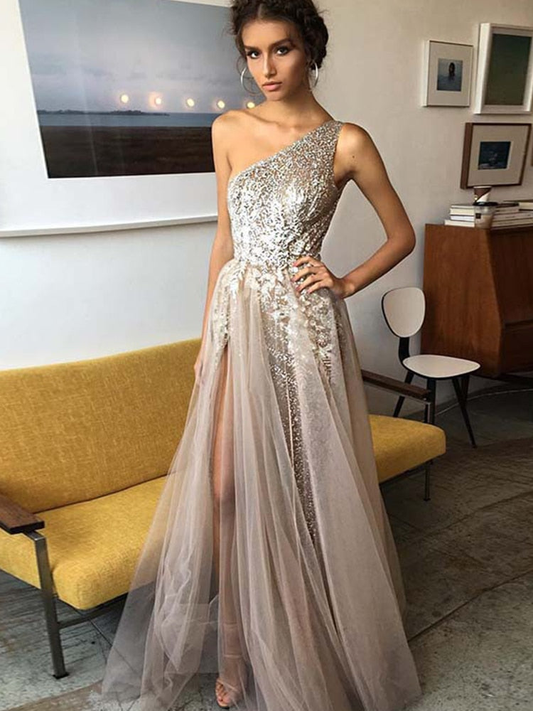 Kissnovaa - One Shoulder A Line Sexy Slim Prom Party Dresses