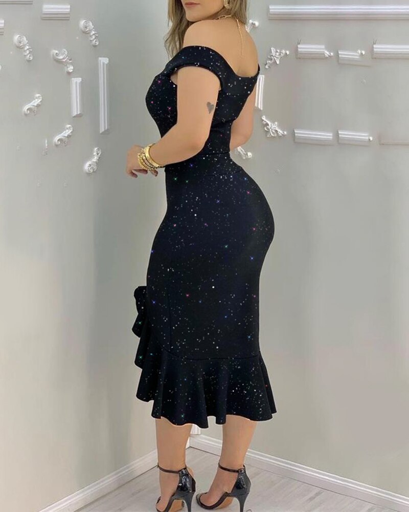 Graceful Glitter OffShoulder Ruffles Slit Midi Dress Party Solid Dress