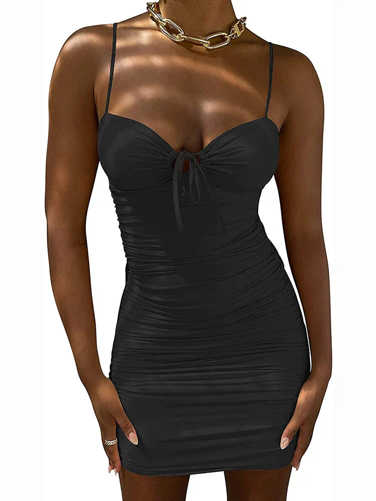 Summer New Cut Out Ruched Spaghetti Mini Club Midi Dresses