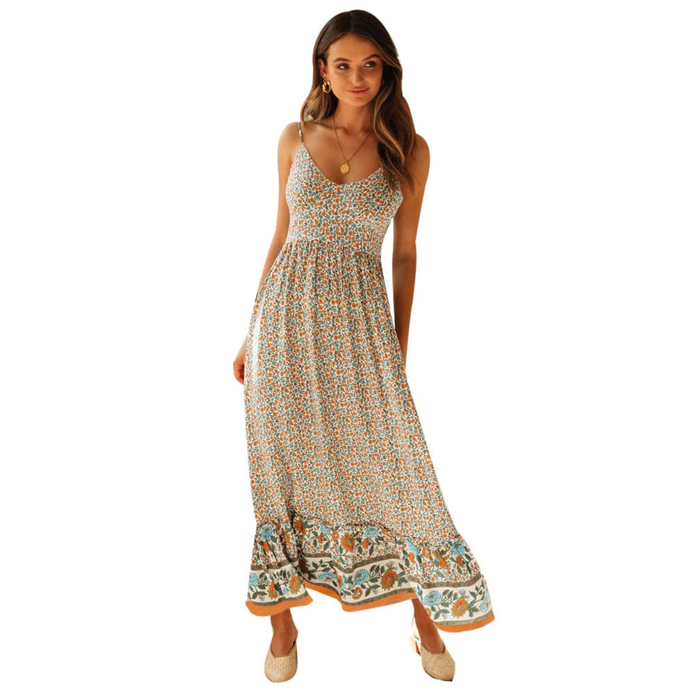 Summer Women V Neck Floral Print Bohemia Long Dress