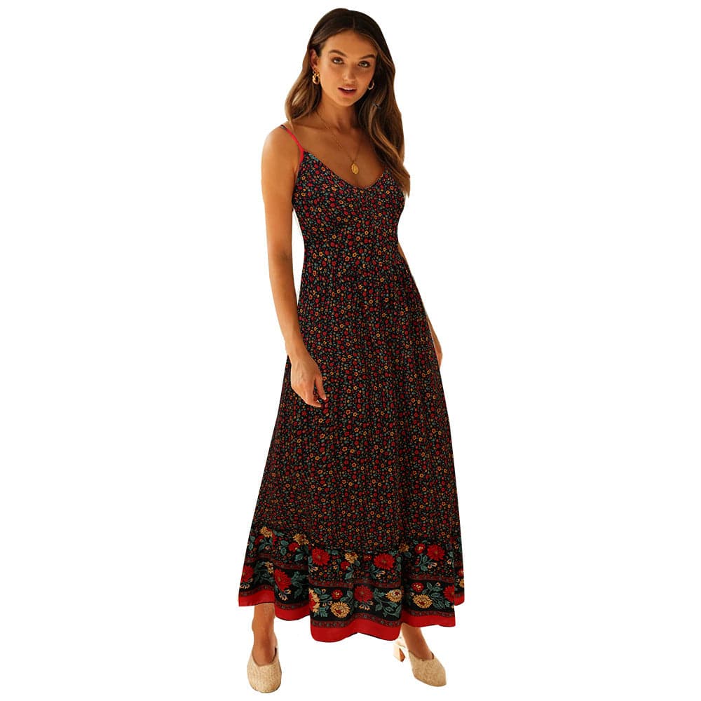 Summer Women V Neck Floral Print Bohemia Long Dress