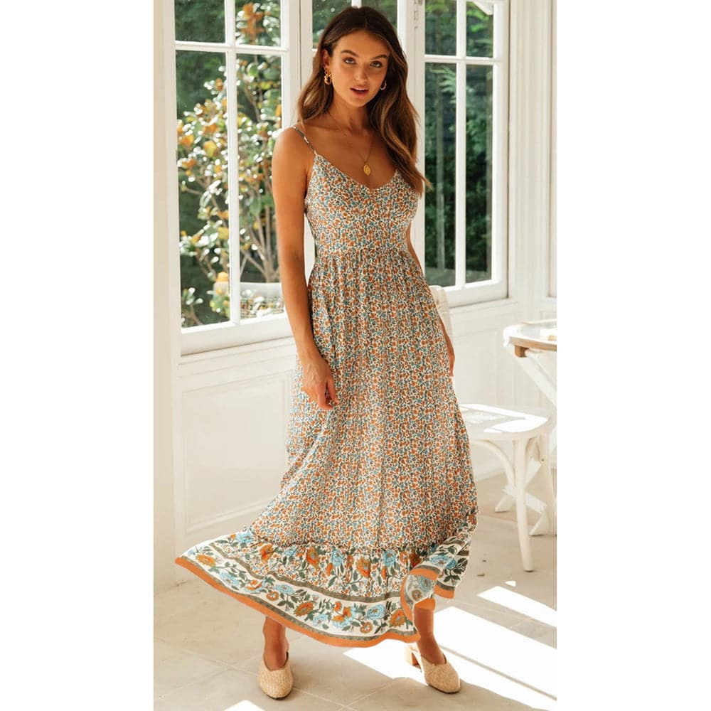 Summer Women V Neck Floral Print Bohemia Long Dress