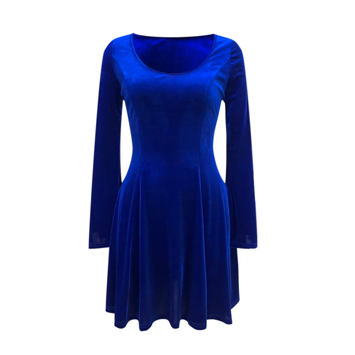Color Solid U Neck Long Sleeve High Waist Velvet Midi Dress