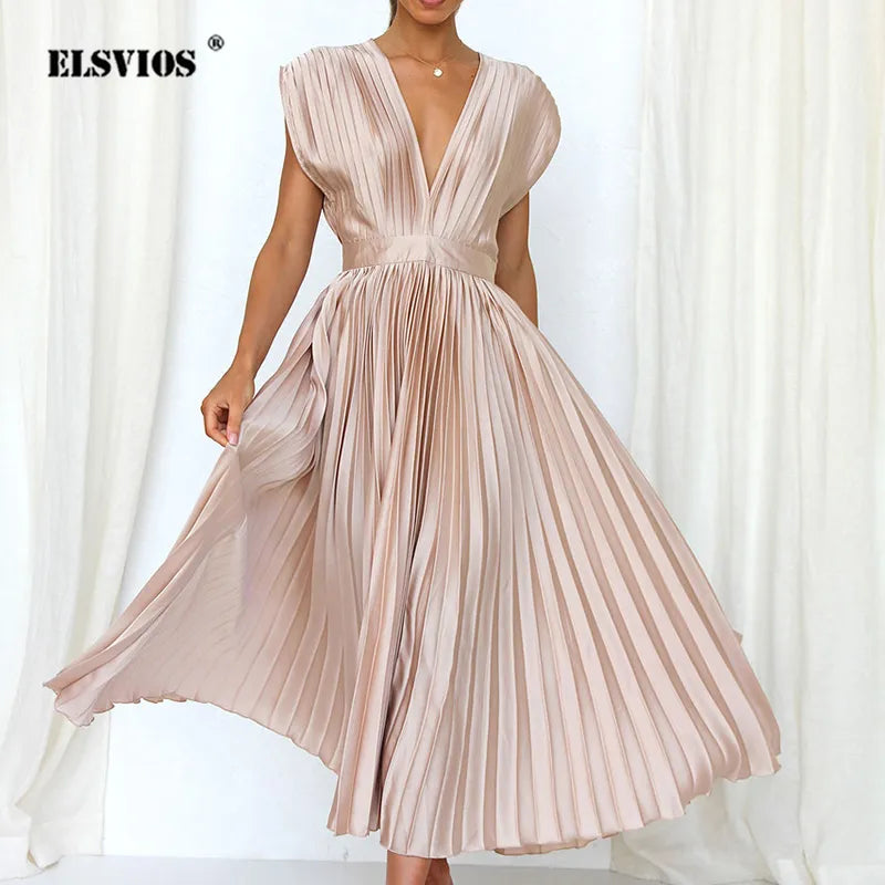 Montserrat Luxe V Neck Maxi Dress with Pleats Boutique Collection