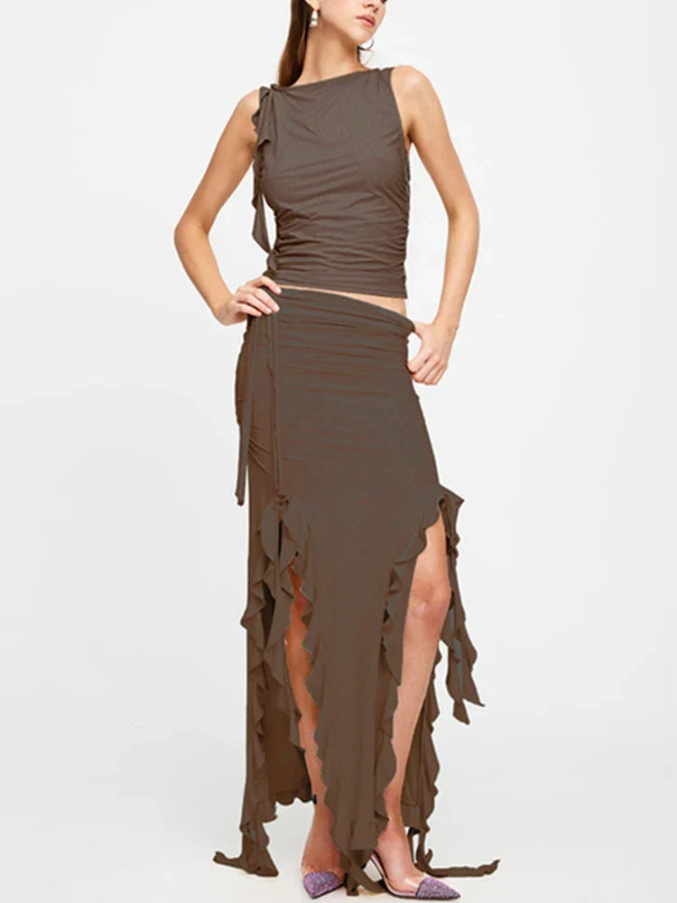 Style Party Ruffles Maxi Split Skirt