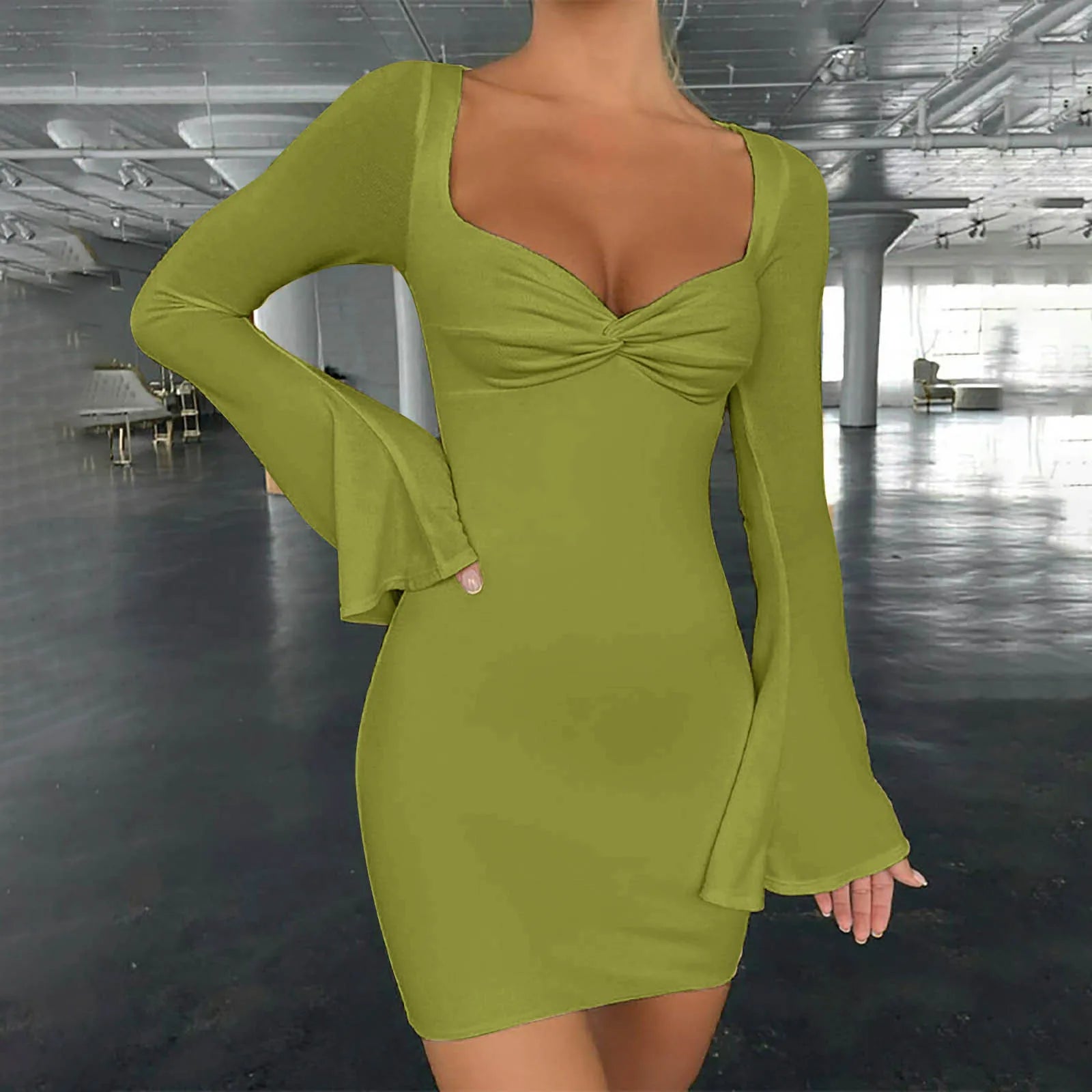 Party Stretchy Club Flare Long Sleeve Square Collar Midi Dress