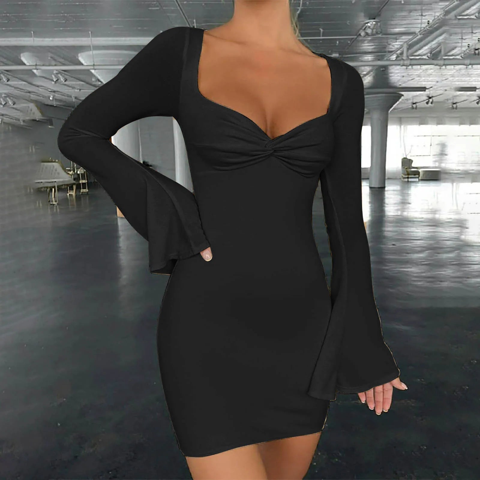 Party Stretchy Club Flare Long Sleeve Square Collar Midi Dress