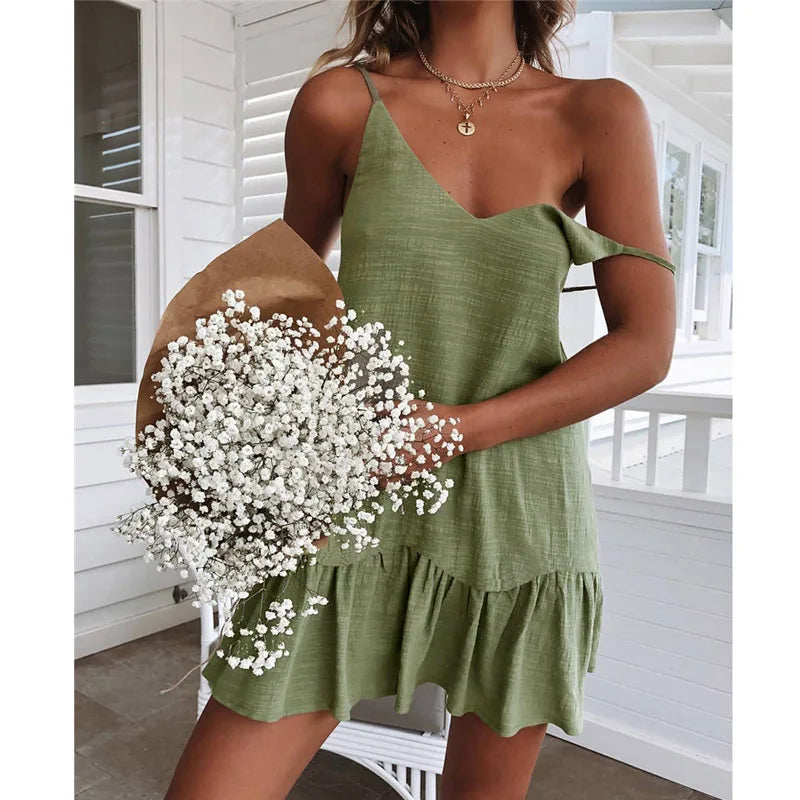 Ruffle Strap Sleeveless Green Midi Dress