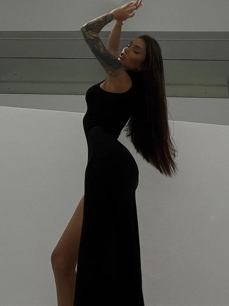 Summer Slit Graceful Holiday Sleeveless Club Tank Solid Clothes Midi Dresses