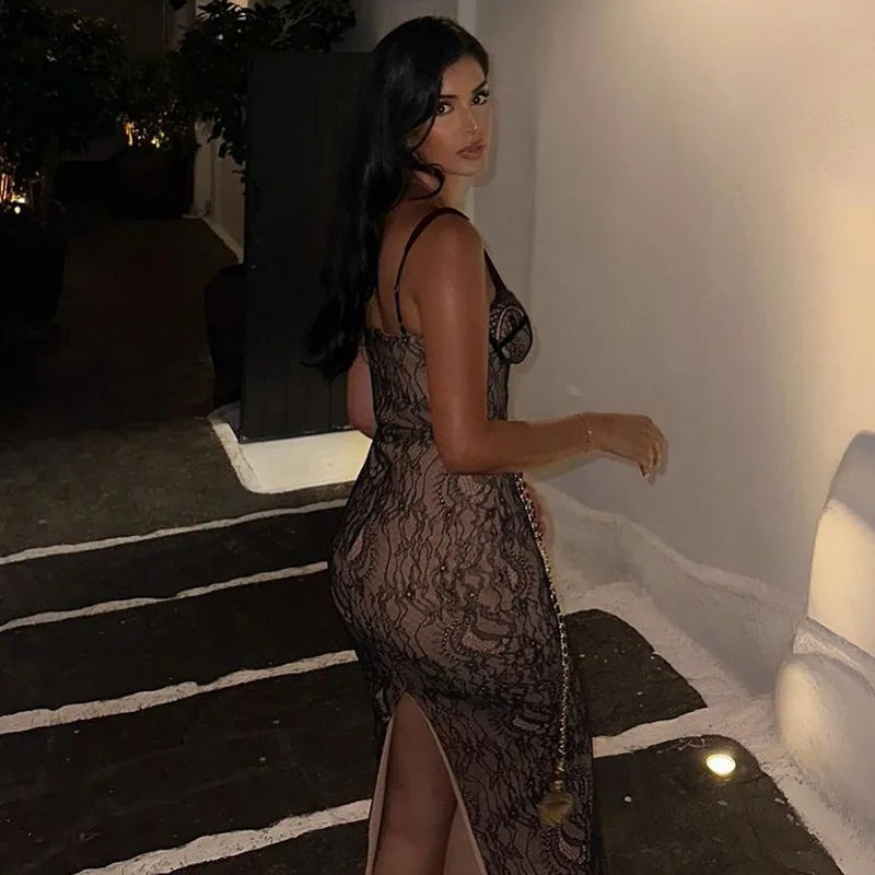 2024 New Spring Lace Stitching Backless Slit Refined Maxi Dress