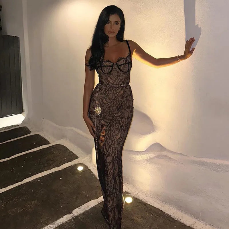 2024 New Spring Lace Stitching Backless Slit Refined Maxi Dress