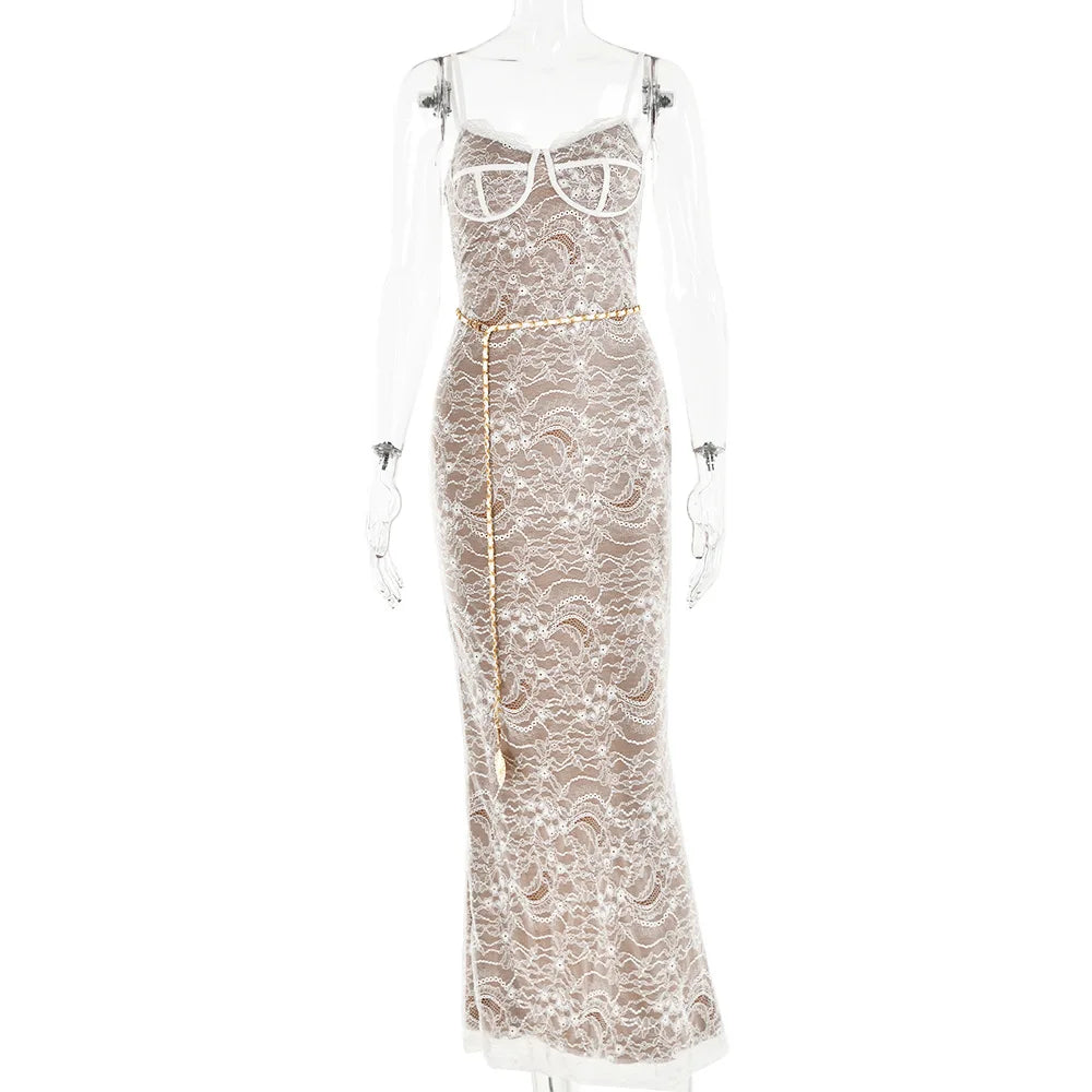 2024 New Spring Lace Stitching Backless Slit Refined Maxi Dress