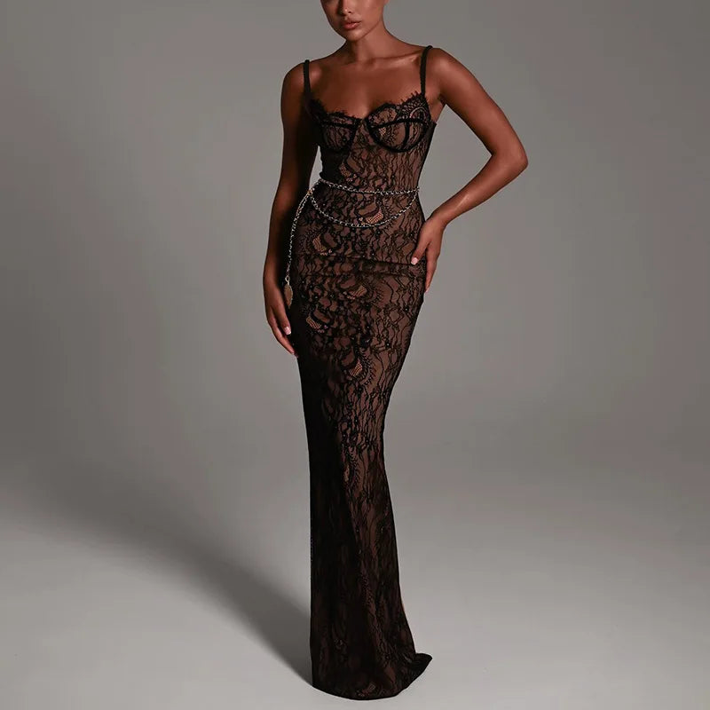 2024 New Spring Lace Stitching Backless Slit Refined Maxi Dress