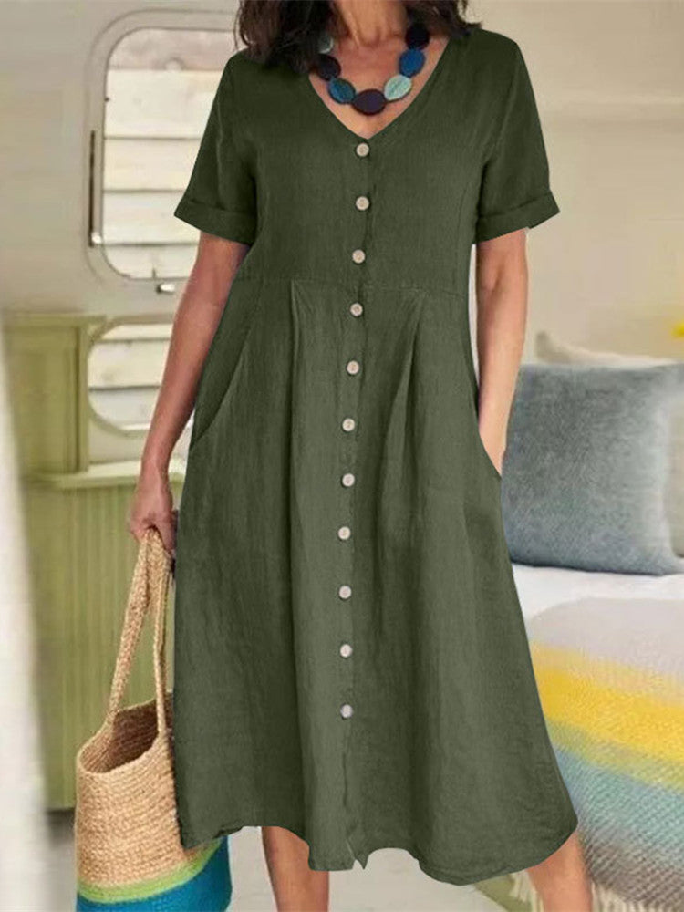 Neck V Linen Button Down Midi Dress with Pocket In Army Green