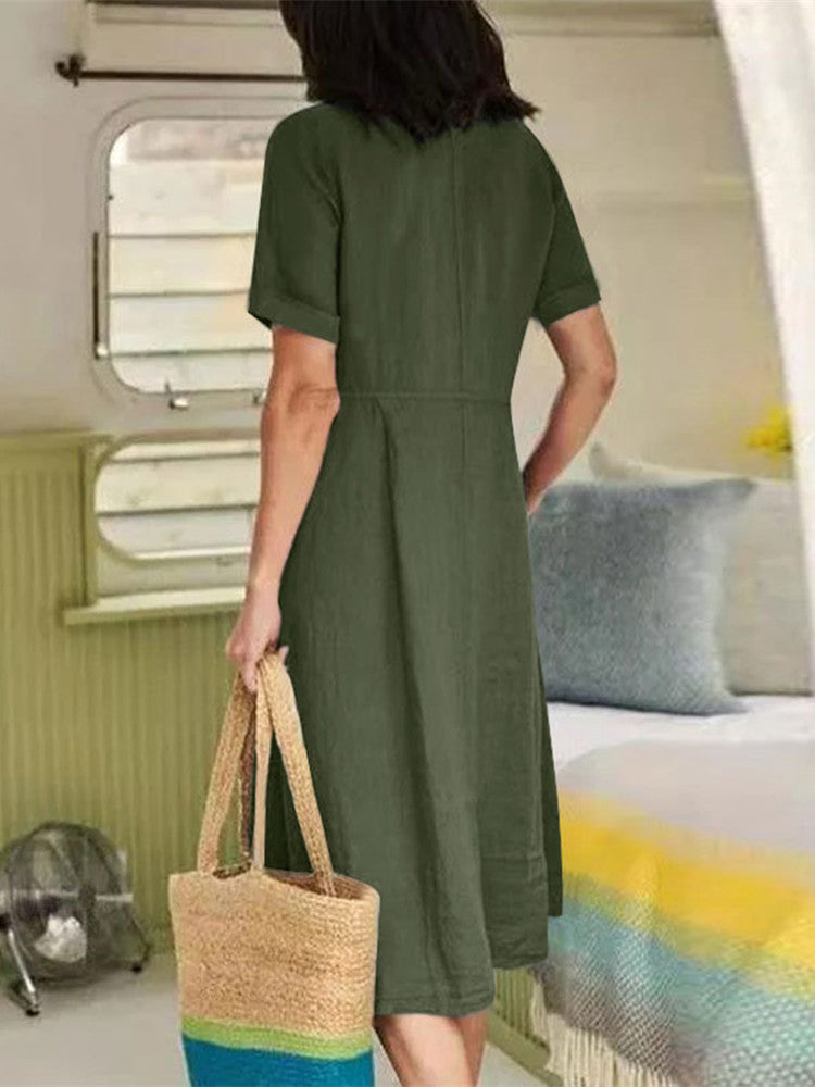 Neck V Linen Button Down Midi Dress with Pocket In Army Green