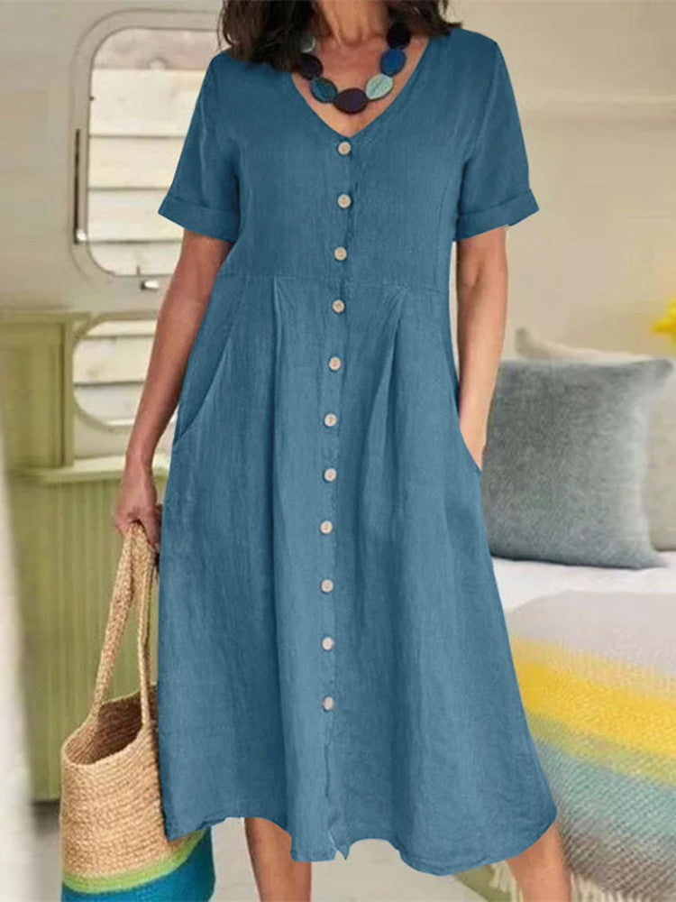 Neck V Linen Button Down Midi Dress with Pocket In Sky Blue