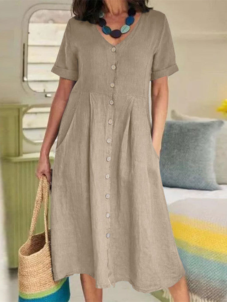 Neck V Linen Button Down Midi Dress with Pocket In Khaki