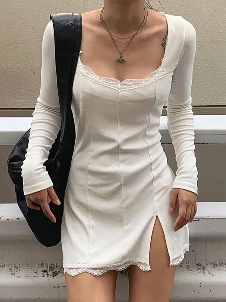 Spring Autumn Women Lace Patchwork Split Mini Low Midi Dresses