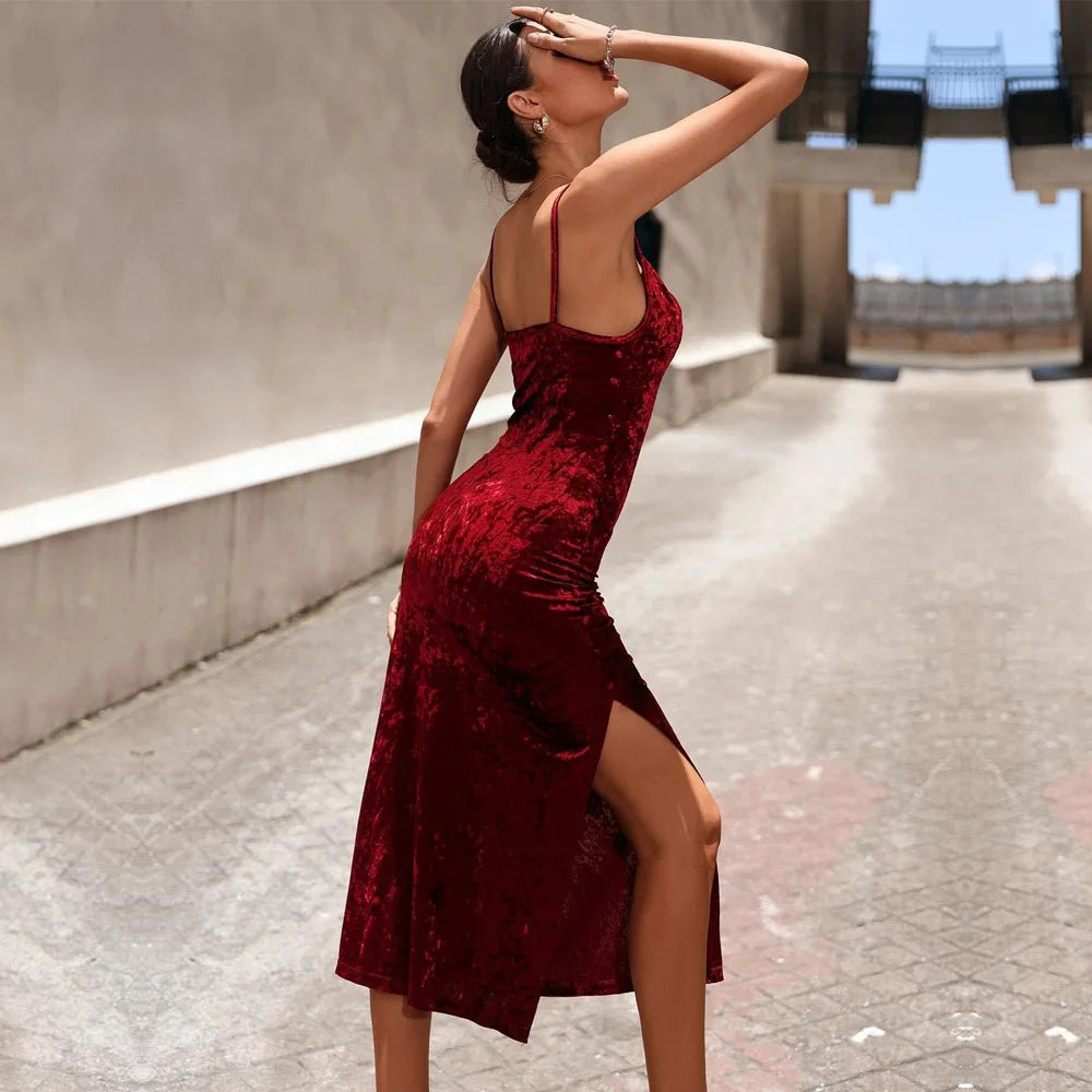 Autumn/Winter Puss Temperament Slimfit Velvet Slit Refined Midi Dresses