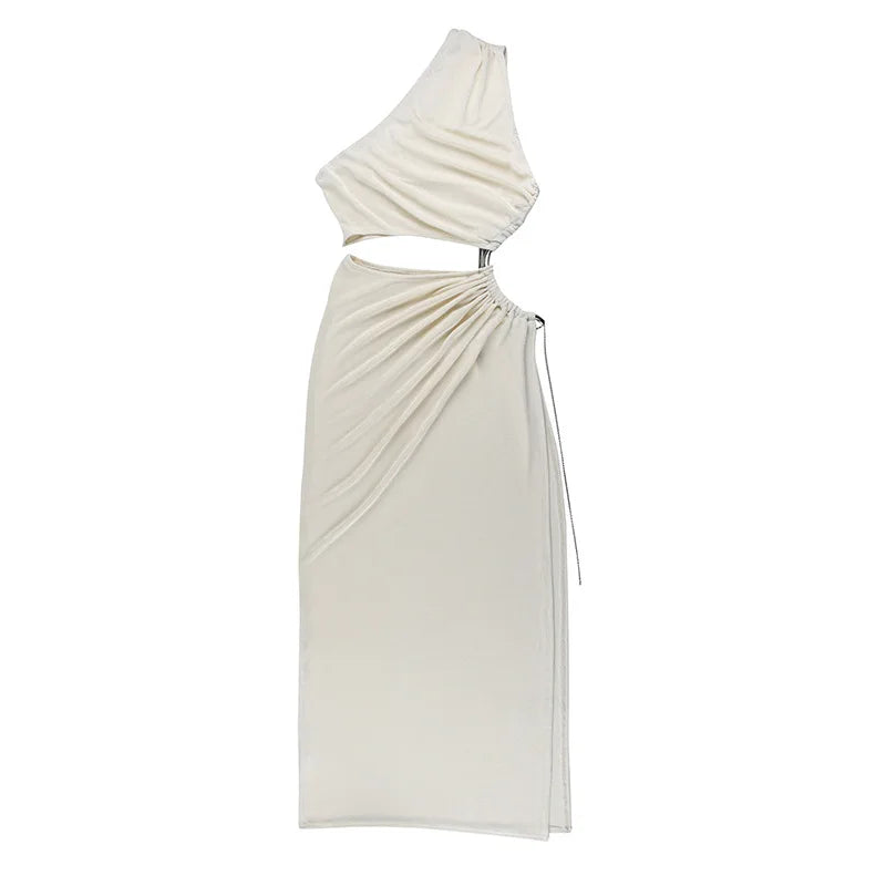 Hollow Oblique Commuter Oneshoulder Sophisticated Casual Midi Dresses