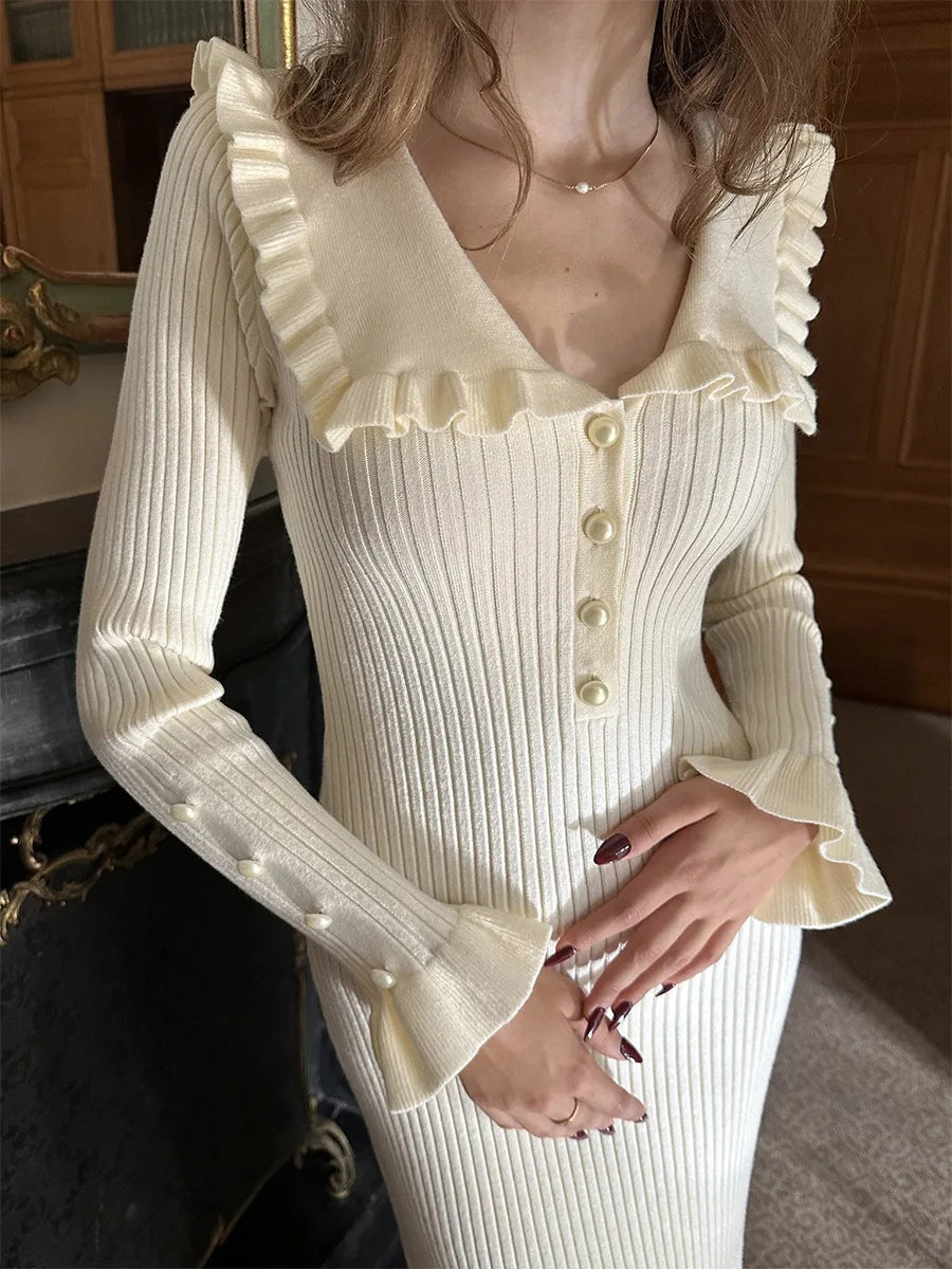 Ruffled Longsleeved Timeless Highwaisted French Creamy White Midi Dresses