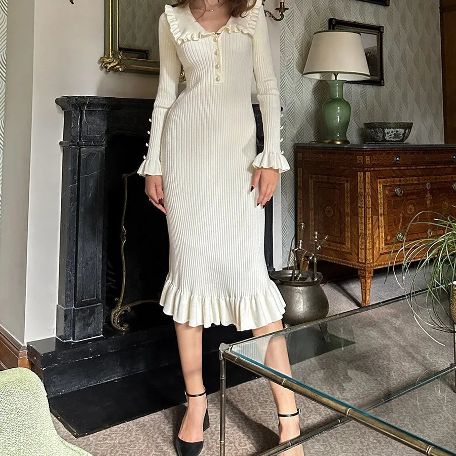 Ruffled Longsleeved Timeless Highwaisted French Creamy White Midi Dresses