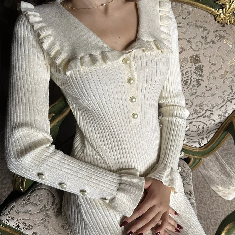 Ruffled Longsleeved Timeless Highwaisted French Creamy White Midi Dresses