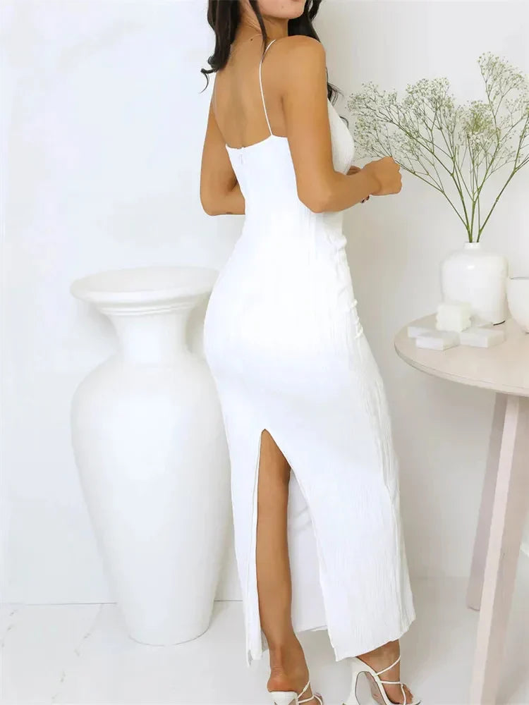 Ruched Long Sleeveless Solid Summer Back Split Clubwear Outfits Midi Dresses