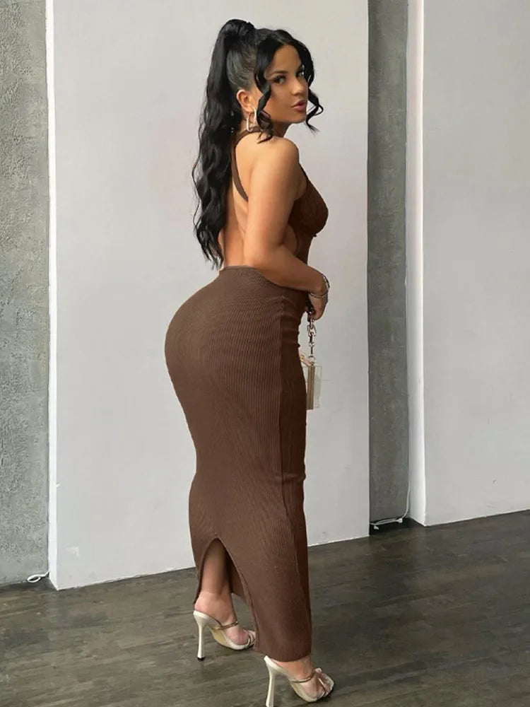 Long Backless Sleeve Brown Midi Dress