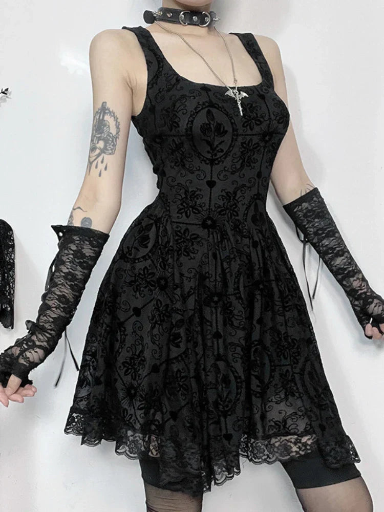 Summer New Harajuku Retro Wrapped Hip Mini Dress Y2K Classic Gothic Punk Dark Style Tie Up ALine Dress