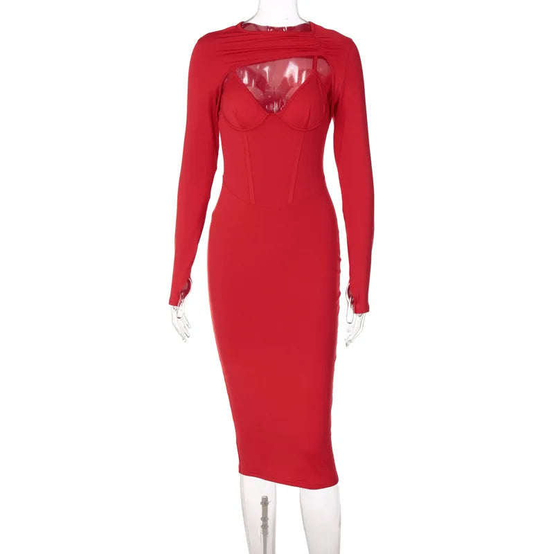 Summer Bodycon Solid Long Slim Hollow Buttock Graceful Midi Dresses