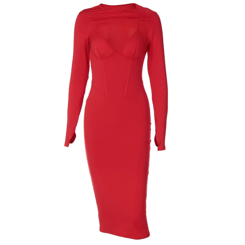Summer Bodycon Solid Long Slim Hollow Buttock Graceful Midi Dresses