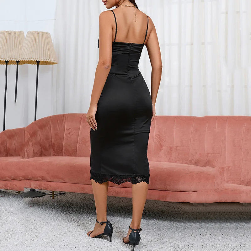 Summer Puss Lace Vneck Graceful Casual Streetwear Midi Dresses