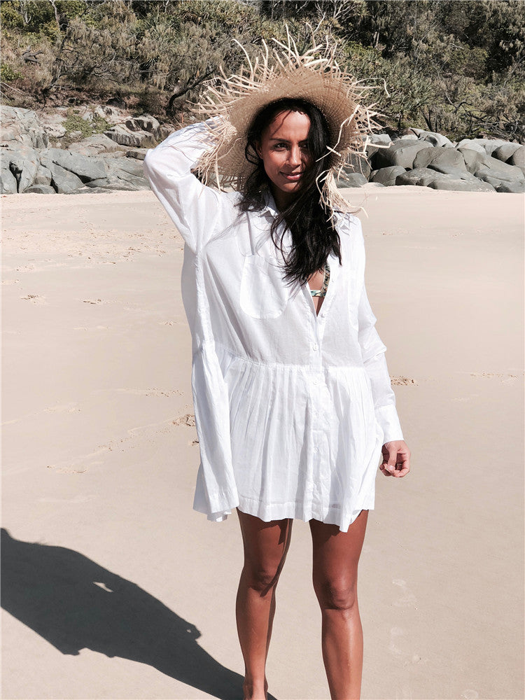 Cotton Dodie Pocketed Puff Sleeve Babydoll Dress White
