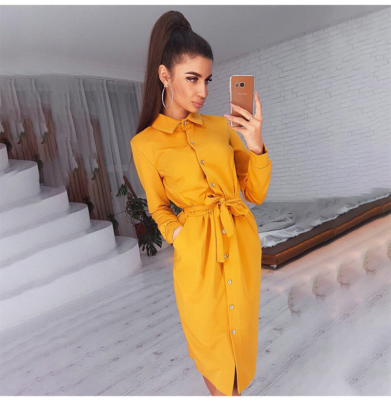 Satin Growth Button Down Shirt Dress Marigold