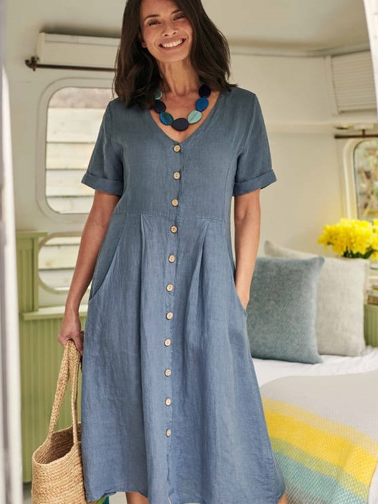 Neck V Linen Button Down Midi Dress with Pocket In Denim Blue